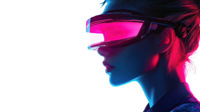 A futuristic portrait of a woman wearing high-tech VR goggles illuminated by vibrant neon lights, embodying innovation and digital exploration.