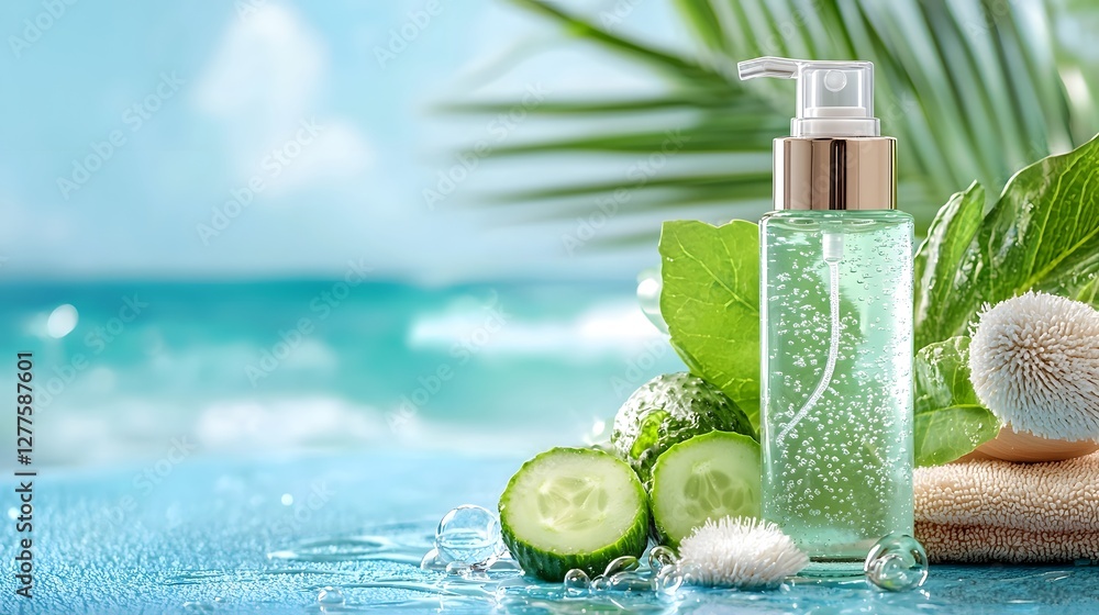 Poster a soothing and refreshing cucumber face mist bottle resting on a wet beach towel with captivating oc