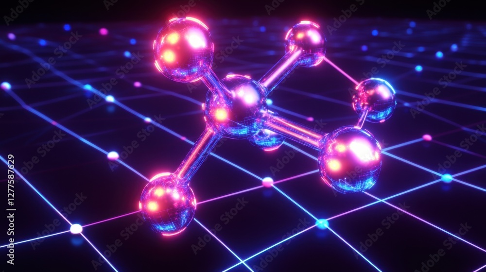 Poster a glowing molecular structure with interconnected atoms, set against a futuristic digital grid backg
