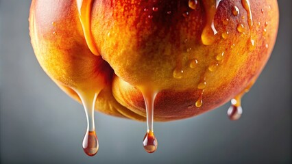 a close-up shot of the slimy drips from a peach, peach juice, pool