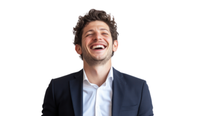 A joyful young man in a suit laughing heartily, radiating happiness and positivity. Ideal for portraying success, confidence, and professional satisfaction.
