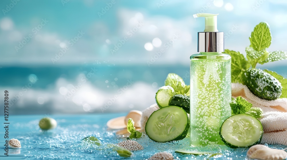 Poster refreshing cucumber face mist bottle lying on a wet beach towel with soothing ocean waves in the bac