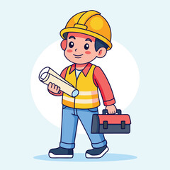 Cartoon construction worker character holding a blueprint and toolbox, ready for work in a cheerful and professional style