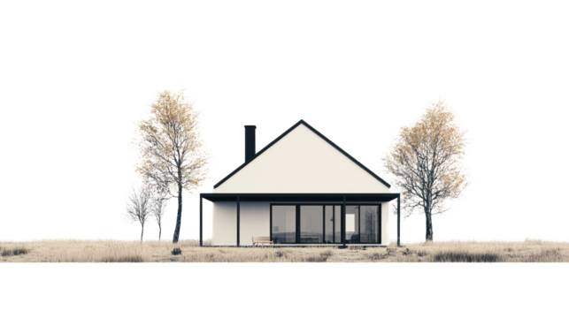 A modern house surrounded by minimalistic vegetation, showcasing a sleek design, large windows, and a serene atmosphere perfect for contemporary living.