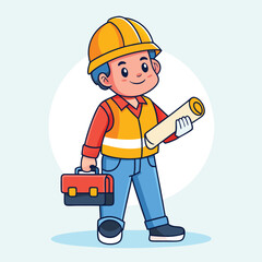 Fototapeta premium Cartoon construction worker character holding a blueprint and toolbox, ready for work in a cheerful and professional style