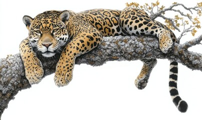 Naklejka premium A relaxed jaguar lounging on a tree branch, surrounded by a serene natural environment