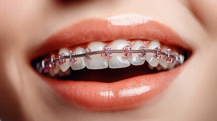 A close-up of straight white teeth with clear ceramic braces. Bright lighting highlights the precision of orthodontic work, perfect for dental marketing.