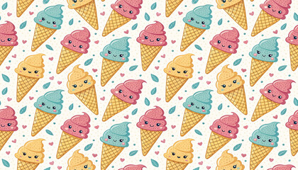 Fototapeta premium Abstract ice cream shapes arranged, Kawaii cones with smiling faces in a uniform grid summer design