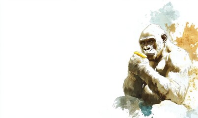 A serene gorilla holding a banana, surrounded by a colorful watercolor splash background