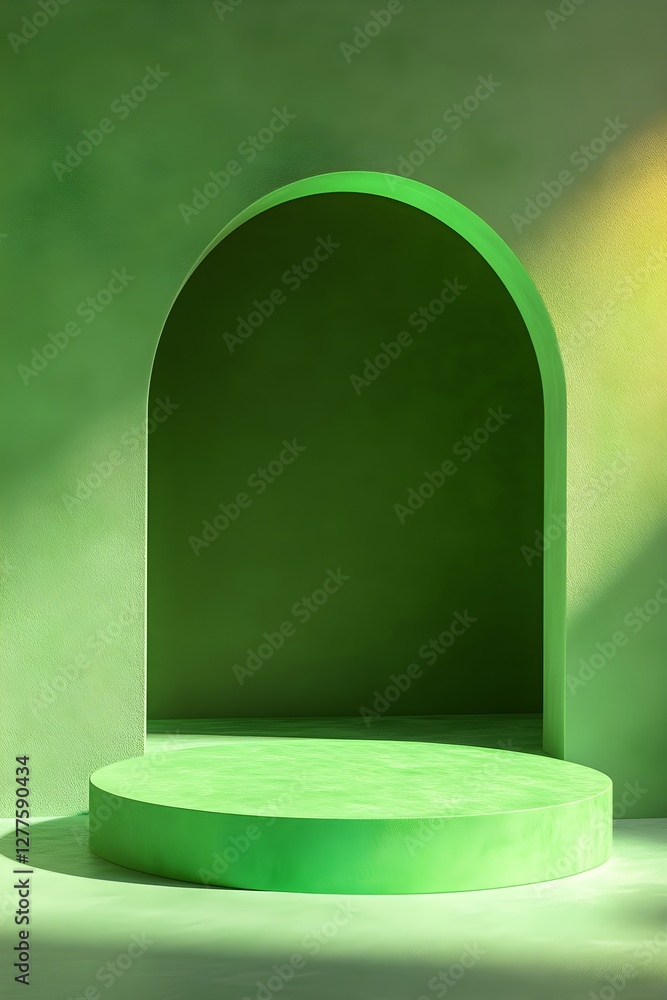 Aufkleber green round podium with arch on blurred background. modern minimal product display platform. empty s