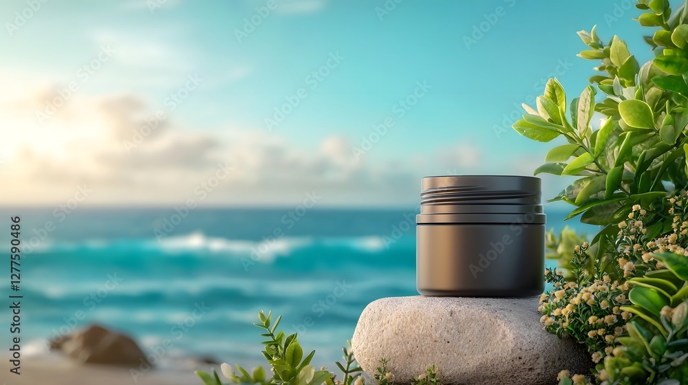 Poster minimalist skincare jar placed on a smooth stone with gentle sea waves rolling in the background cre