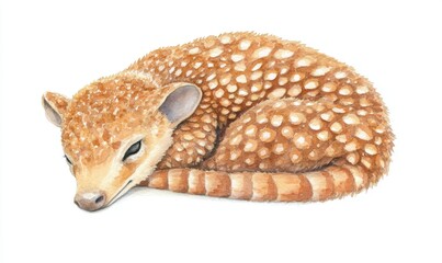 Fototapeta premium A serene illustration of a curled-up spotted animal resting peacefully on a white background