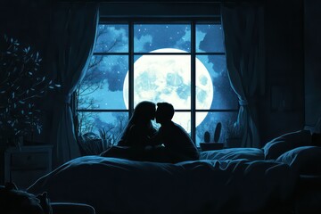 A cozy couple sharing a bed at night, their silhouettes faintly visible in the moonlight coming through the window.
