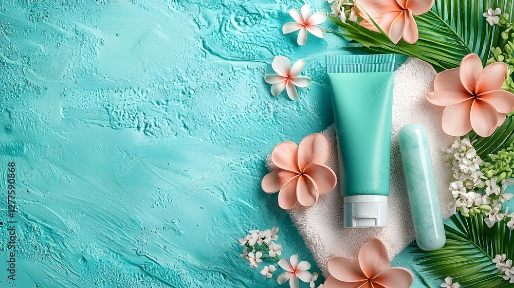 Poster a tranquil scene featuring a cooling under eye gel tube and a jade roller placed on a cozy beach tow
