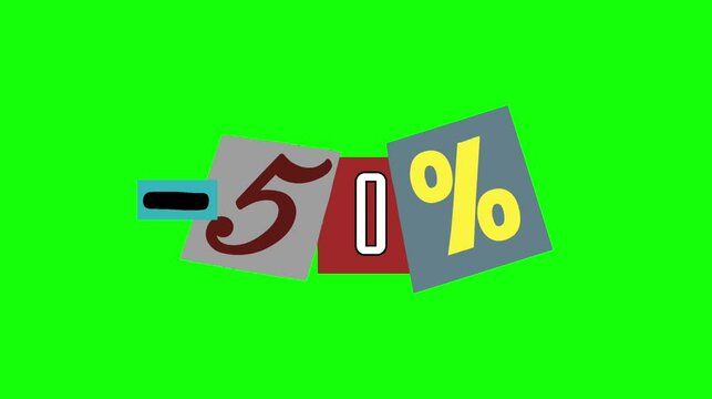 The word "50%" written in cut ransom note style paper letters,sale promotion black friday concept stop motion animation on green screen