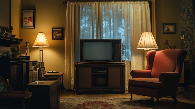 Living room with TV, chair, and warm lighting for a cozy evening setting.