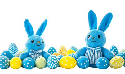 Blue Easter bunnies surrounded by decorated eggs