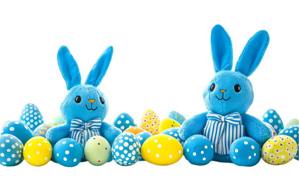 Blue Easter bunnies surrounded by decorated eggs