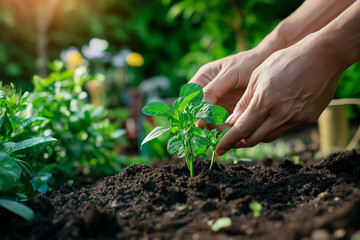 Planting new seedlings in the garden with a watering can