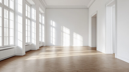 Fototapeta premium Bright empty room with sunlight and herringbone floor. Ready for interior design projects