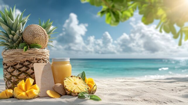 Close up shot of a tropical fruit infused face mask packet placed among fresh pineapples and mangoes on a sandy beach with copy space for text overlay The image evokes a concept of relaxation