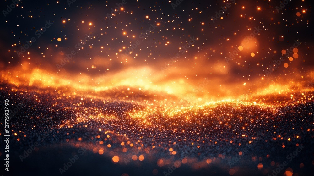 Poster glowing embers and shimmering particles create a mesmerizing, warm atmosphere in a dark setting