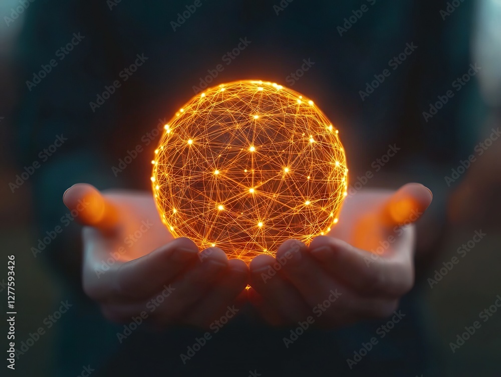 Poster creating a glowing network sphere in hands outdoor setting digital art nighttime conceptual visualiz