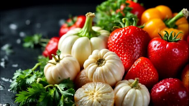 Vibrant Still Life: A Colorful Composition of Fresh Strawberries, Mini Pumpkins, and Peppers