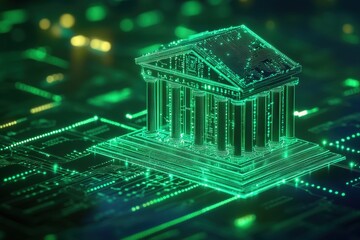Glowing green digital bank model on circuit board. Illustrates fintech, online banking, digital finance.