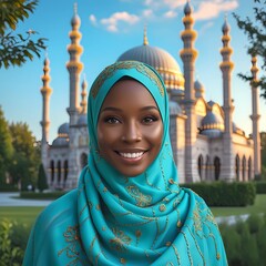 A woman wearing a hijab with a magnificent mosque in the background