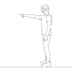 Continuous one line drawing man in VR headset. Man in virtual reality. Character With extended index finger. One continuous line isolated minimal illustration.Not AI.
