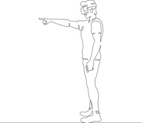 Continuous one line drawing man in VR headset. Man in virtual reality. Character With extended index finger. One continuous line isolated minimal illustration.Not AI.