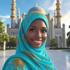 A woman wearing a hijab with a magnificent mosque in the background
