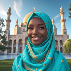 A woman wearing a hijab with a magnificent mosque in the background