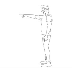 Continuous one line drawing man in VR headset. Man in virtual reality. Character With extended index finger. One continuous line isolated minimal illustration.Not AI.