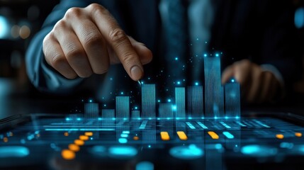 Business professional analyzing holographic data charts on a tablet in a modern office setting