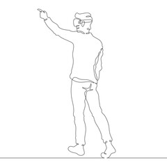 Continuous one line drawing man in VR headset. Man in virtual reality. Character With extended index finger. One continuous line isolated minimal illustration.Not AI.