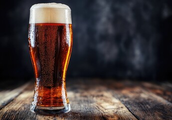 Cold amber beer with frothy foam in a tall glass on a rustic wooden table, set against a dark moody background. Ideal for bar menus, brewery ads, and beverage promotions