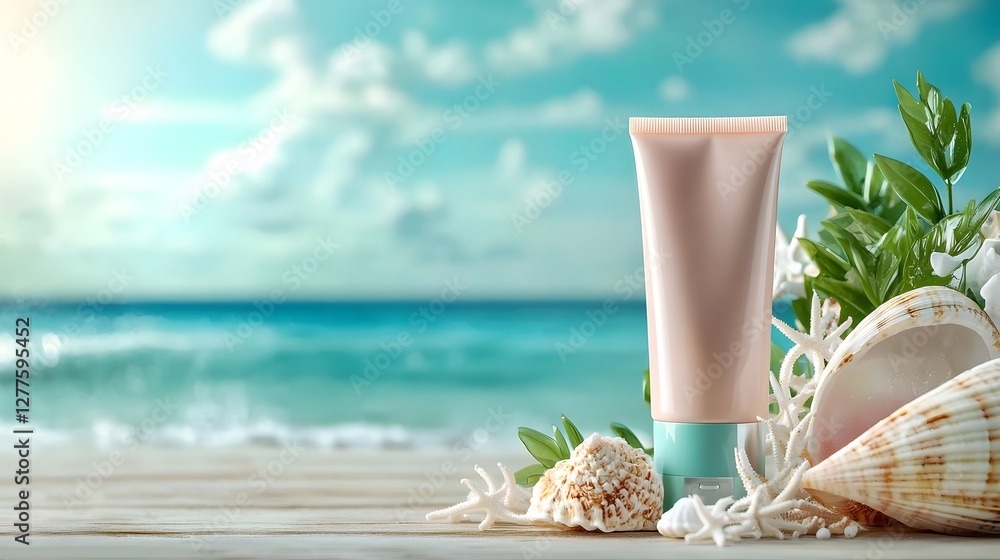 Poster tinted moisturizer tube resting on a white seashell set against a blurred ocean backdrop with ample 