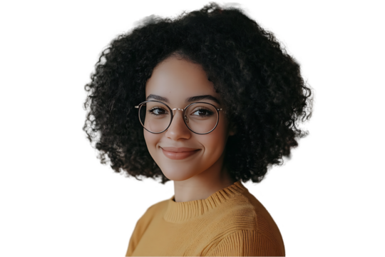 Woman with glasses smiling, close-up portrait