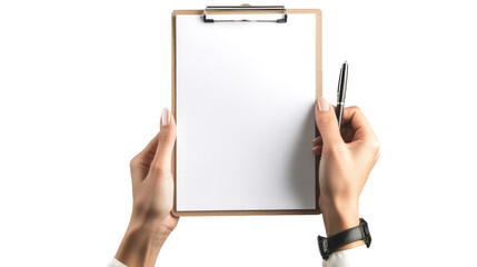 A person holding a blank clipboard with a pen, ready to take notes or jot down ideas. This image conveys organization and productivity in the workplace.