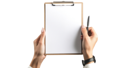 A person holding a blank clipboard with a pen, ready to take notes or jot down ideas. This image conveys organization and productivity in the workplace.