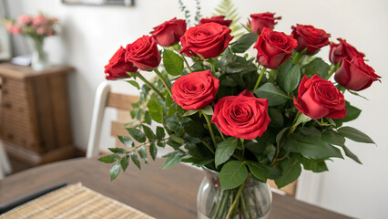 Red rose bouquet on a wooden table in a cozy home.