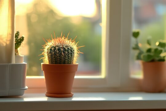 A cozy indoor setting with a Notocactus magnificus placed on a windowsill, soft natural light illuminating its spines.