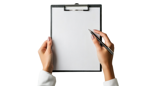 A professional hand holding a pen over a blank clipboard. Ideal for business presentations, notes, or planning. Perfect for corporate settings.