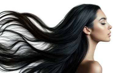 A profile shot of a woman with long, flowing black hair, showcasing elegance and beauty. The image captures her serene expression against a dark background.