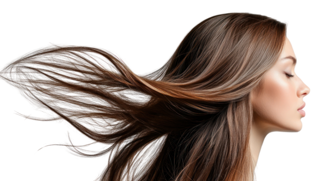 A profile view of a woman with long, flowing hair caught in a breeze, showcasing elegance and beauty in motion against a clean backdrop.