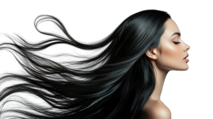 A serene profile of a woman with flowing hair, exuding elegance and grace, capturing a moment of beauty and tranquility in a natural setting.