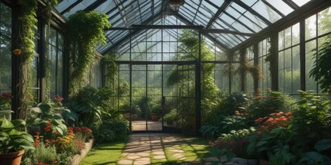 Obraz premium A lush garden greenhouse with green vines crawling through the glass and foliage, garden, interior, plants