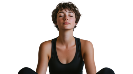A serene woman practices mindfulness with her eyes closed, embodying relaxation and inner peace. Ideal for wellness and mental health themes.